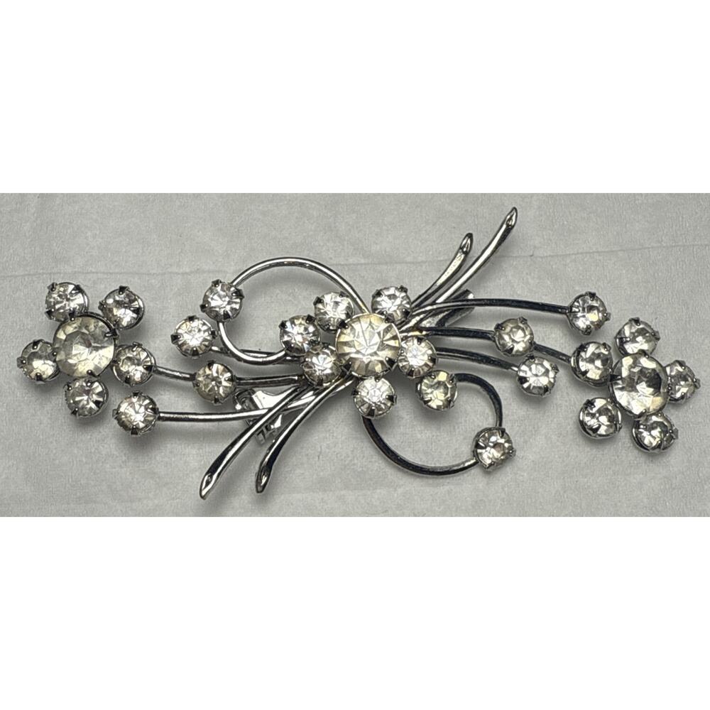 Vintage Large Spray Silver Tone and Rhinestone Floral Brooch PB146